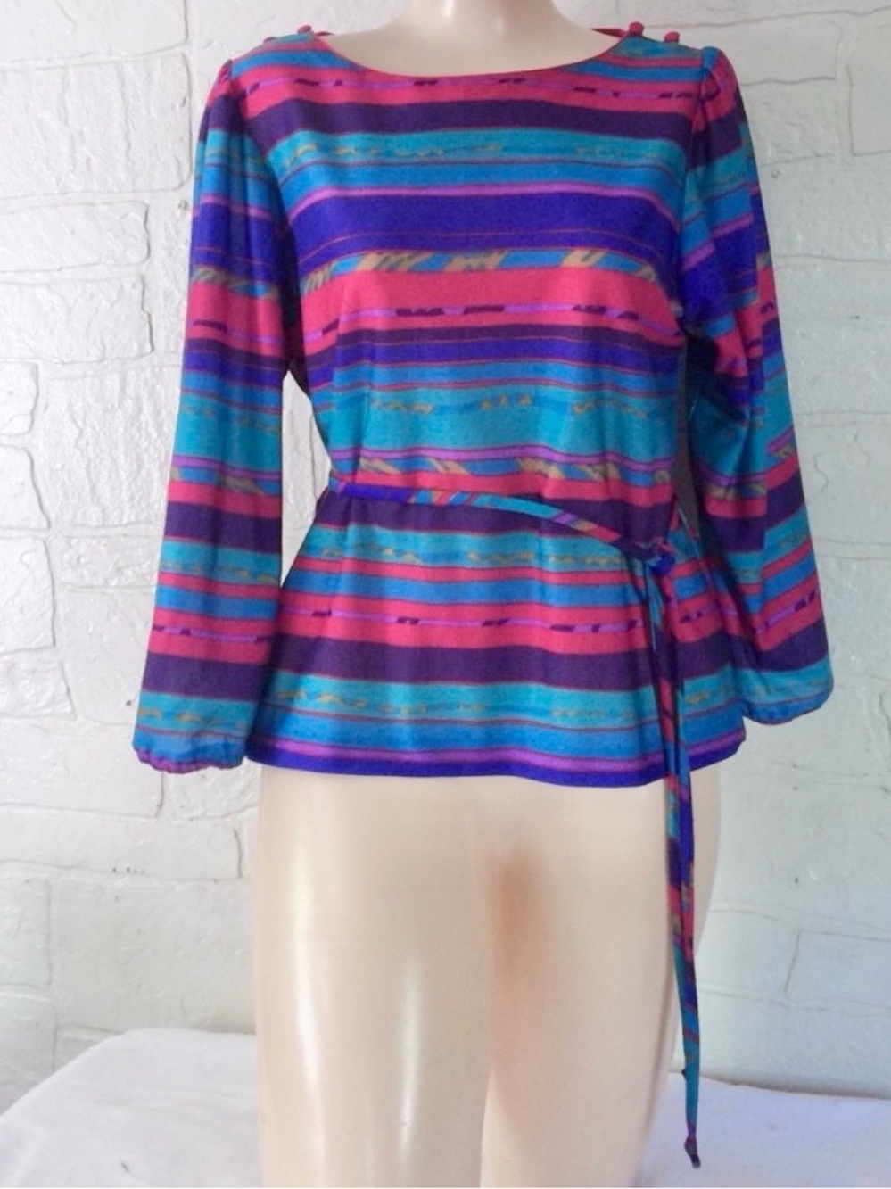 Vintage Shirt Top Teal Red Purple Long Sleeve